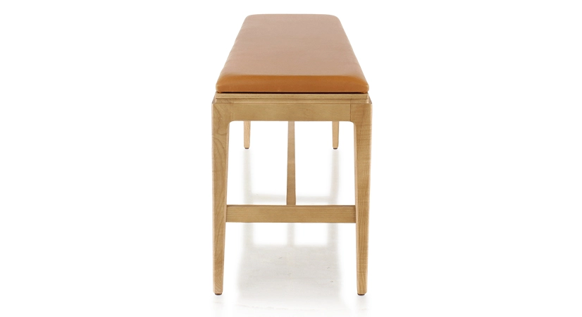 Banc design bois teinte naturelle assise cuir caramel L140 cm