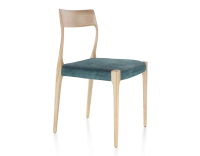 Chaise scandinave bois teinte naturelle assise tissu velours bleu pétrole