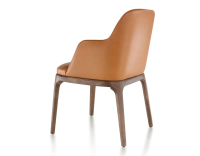 Chaise design avec accoudoirs bois teinte marron foncé et cuir caramel