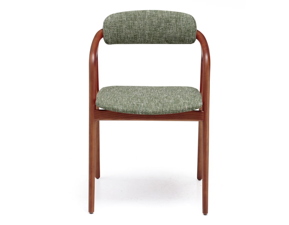 Chaise scandinave bois teinte merisier assise tissu beige chiné vert