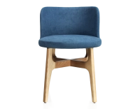 Chaise design bois teinte naturelle assise tissu bleu jean