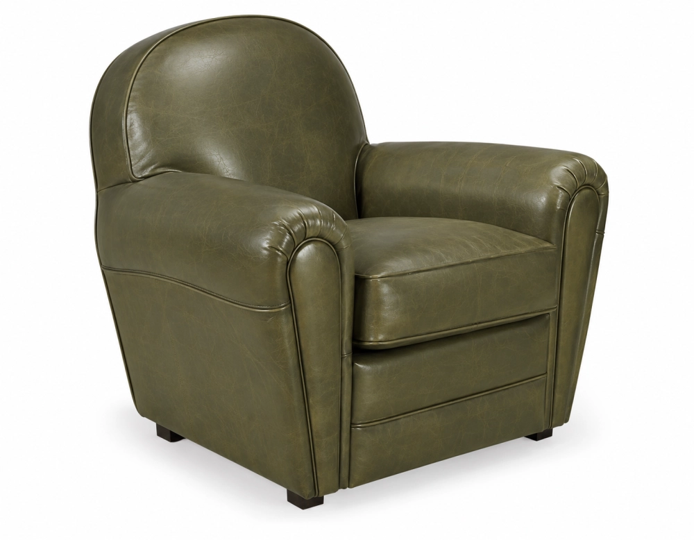 Fauteuil club cuir vert olive accoudoirs passepoil