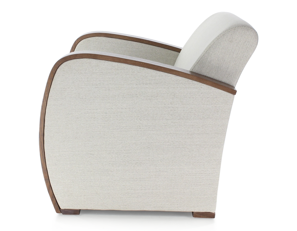 Designer armchair dark brown stained wood and natural beige fabric