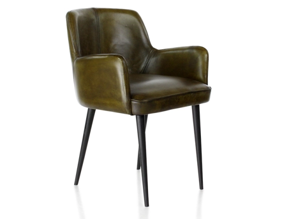 Silla vintage con reposabrazos de piel verde oliva