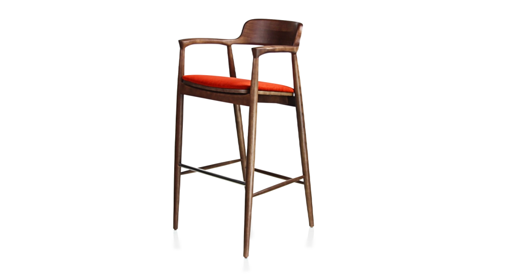 Tabouret de bar h80 cm bois teinte marron foncé assise tissu orange brulé