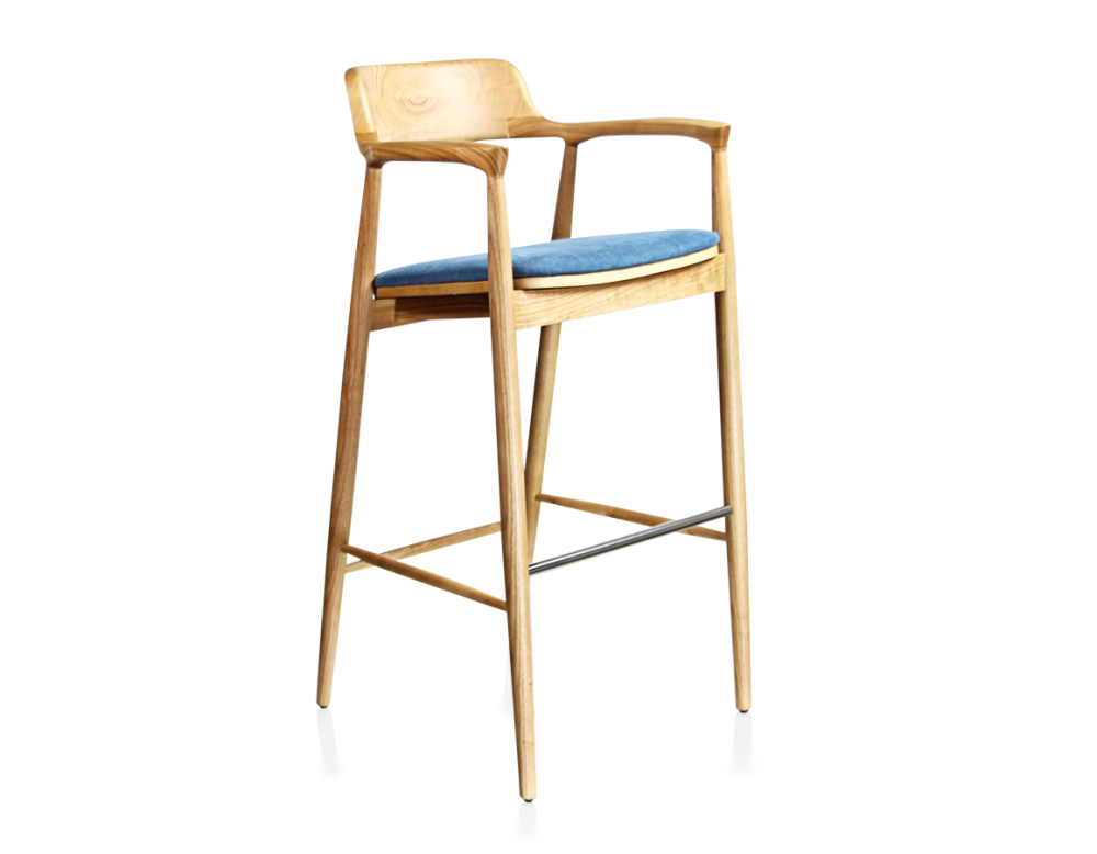 Taburete de bar h80 cm madera tinte natural asiento tejido azul vaquero