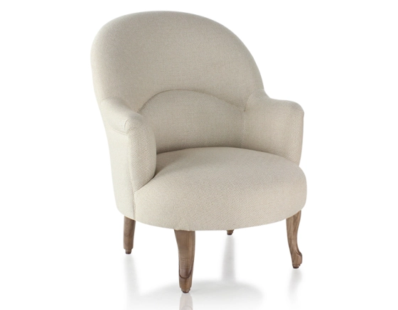 Sillón crapaud con reposabrazos patas de madera tinte nogal y tejido chevron beige