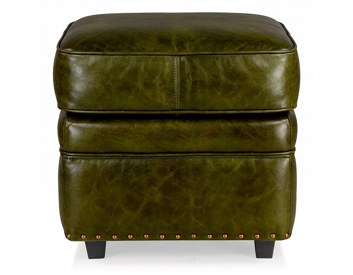 Pouf cuir vert olive bord clouté