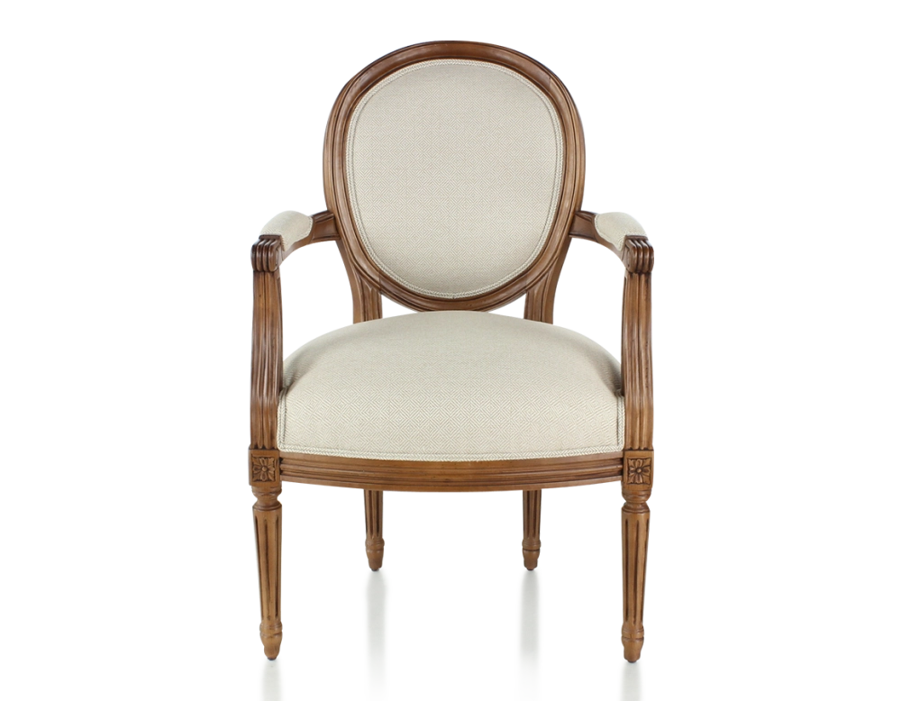 Sillón antiguo estilo Luis XVI madera con tinte envejecido y tejido chevron beige