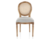 Antique Louis XVI style chair wood stained old caned back light grey fabric seat