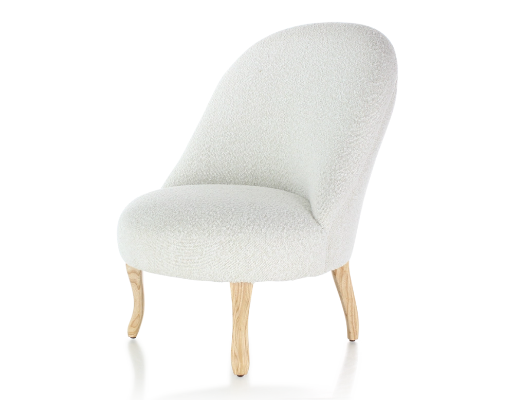 Fauteuil crapaud sans accoudoirs pieds bois teinte naturelle et tissu bouclé blanc