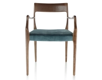 Scandinavian armchair with armrests dark brown stained wood, petrol blue velvet seat
