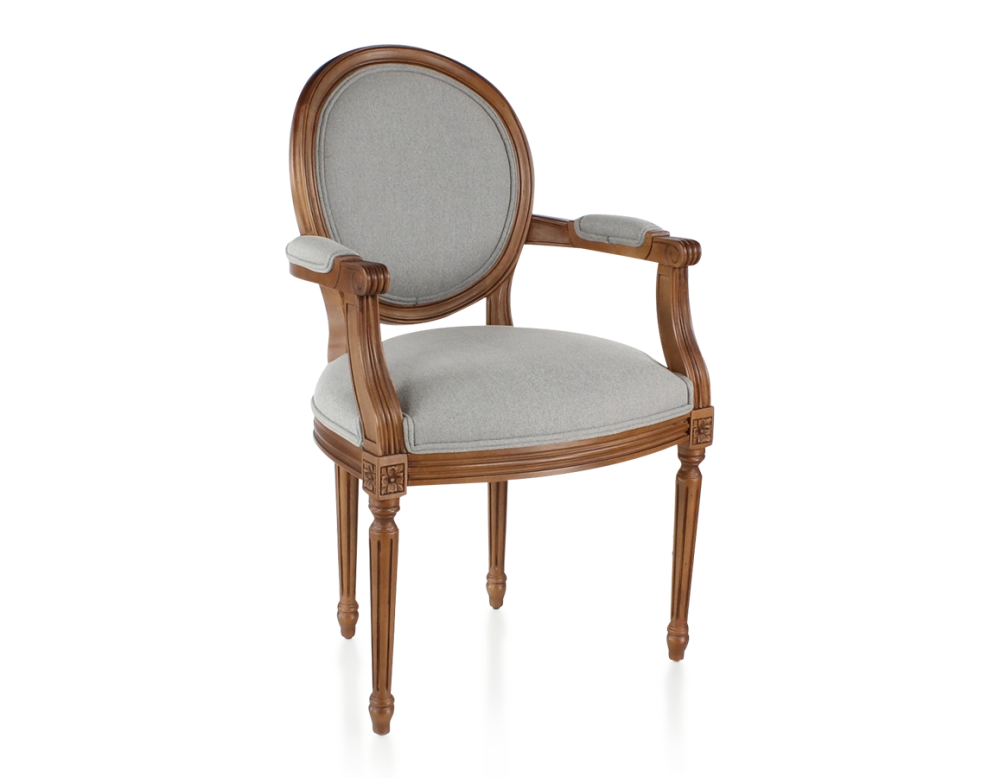 Chaise ancienne style Louis XVI avec accoudoirs bois teinte ancienne et tissu gris clair