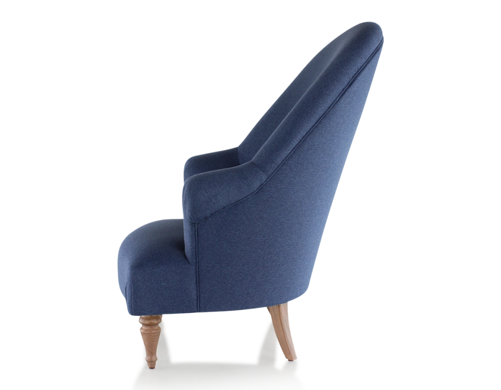 Toad armchair with armrests walnut-stained wooden legs and navy blue high-back fabric