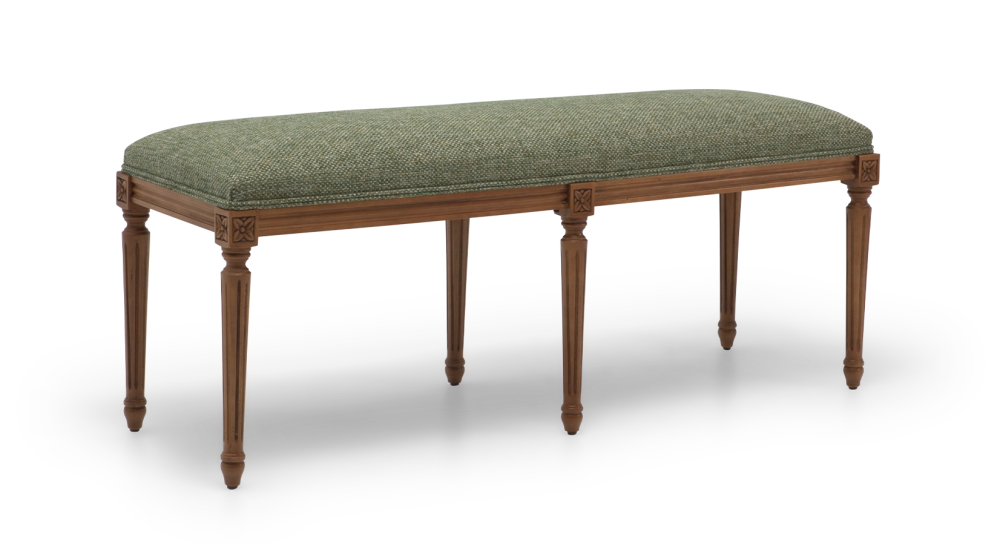 Louis XVI style antique bench wood antique stain and green mottled fabric.