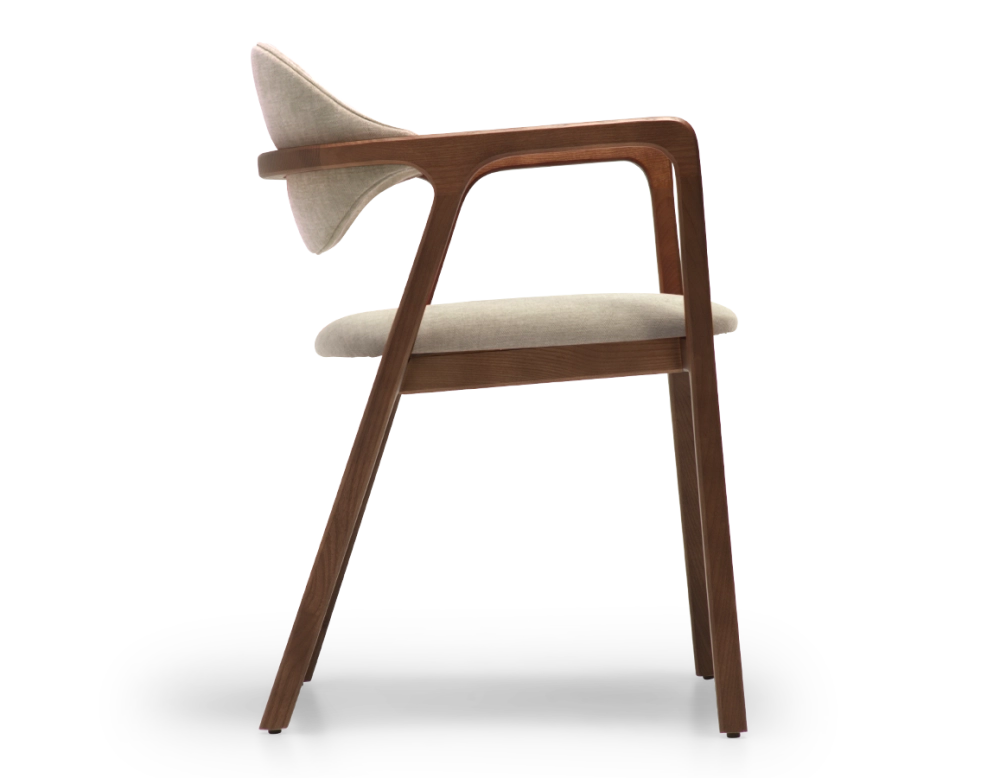Chaise design avec accoudoirs bois teinte marron foncé et tissu taupe