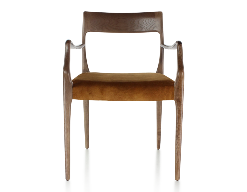 Chaise scandinave avec accoudoirs bois teinte marron foncé assise tissu velours bronze