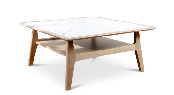 Mesa de centro cuadrada de roble y cerámica con madera de tinte natural tablero cerámico efecto mármol blanco 120X120 cm