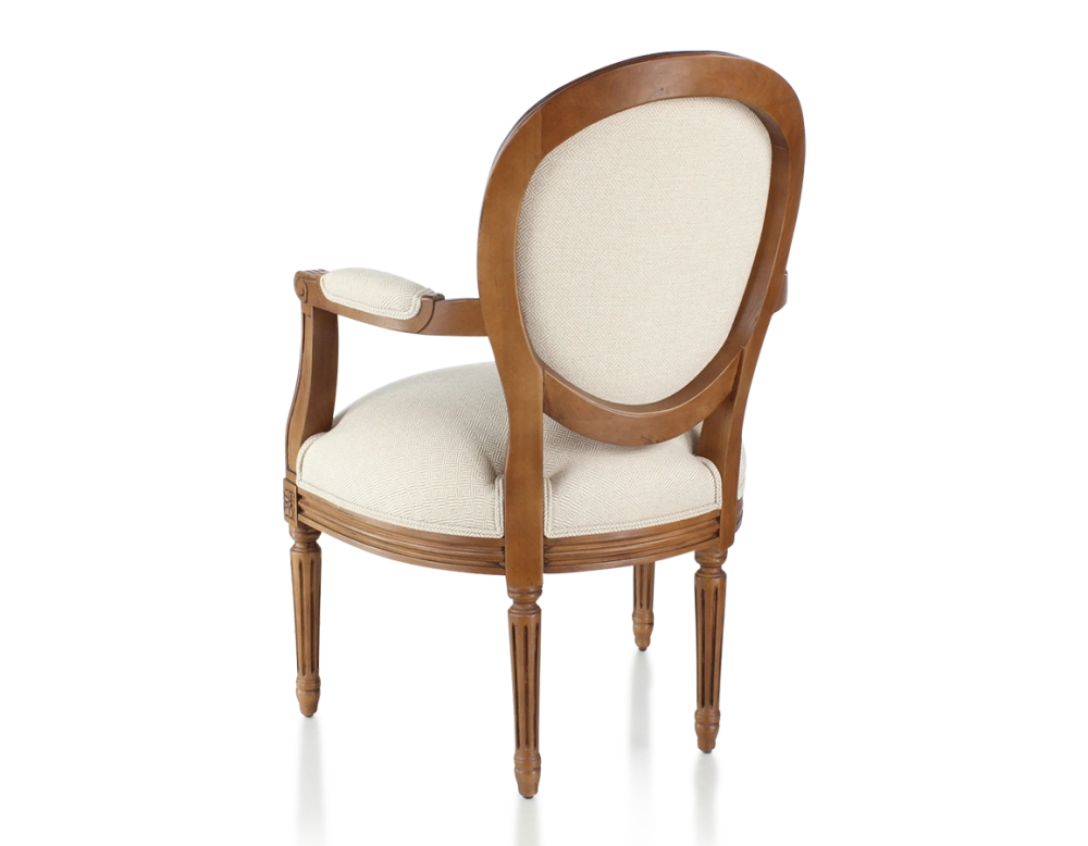 Sillón antiguo estilo Luis XVI madera con tinte envejecido y tejido chevron beige