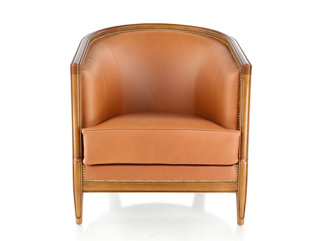 Antique armchair with moulded armrests bois teinte ancienne et cuir châtain