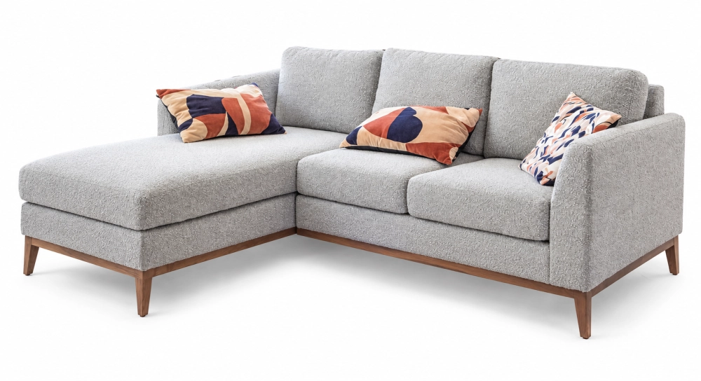 Canapé d'angle méridienne gauche 4 places tissu bouclé taupe clair (MG - 2D)
