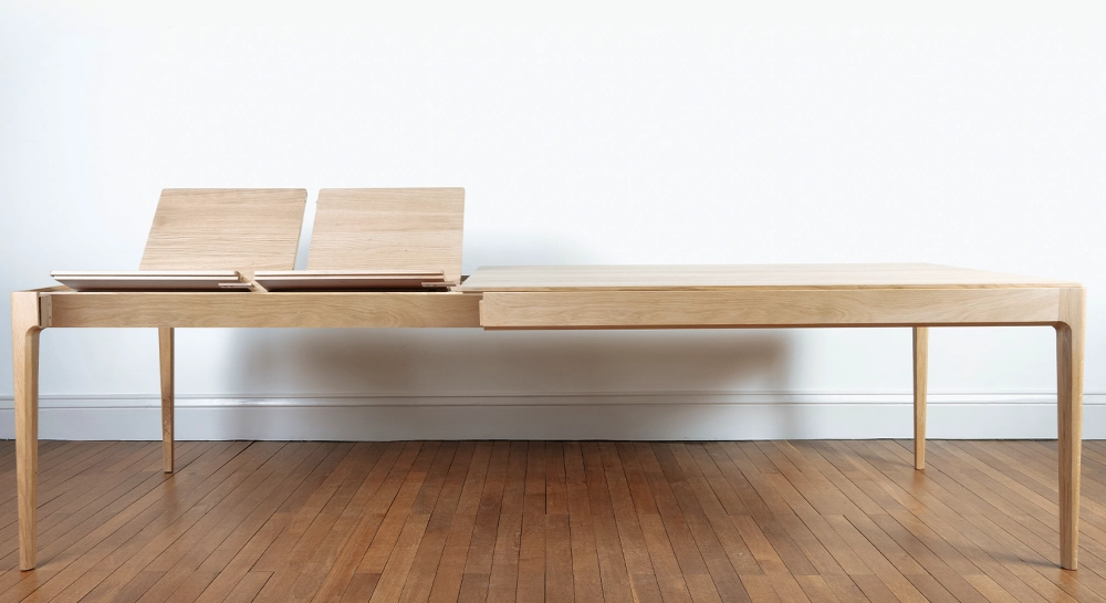 Mesa extensible de 8 a 14 personas de roble con tablero y extensiones de madera en tinte natural 210x100 cm
