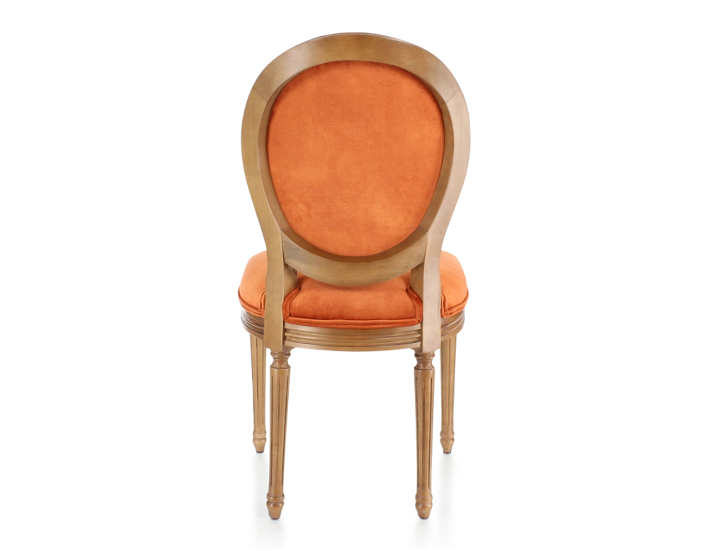Antique Louis XVI style chair wood in antique stain and terracotta velvet fabric