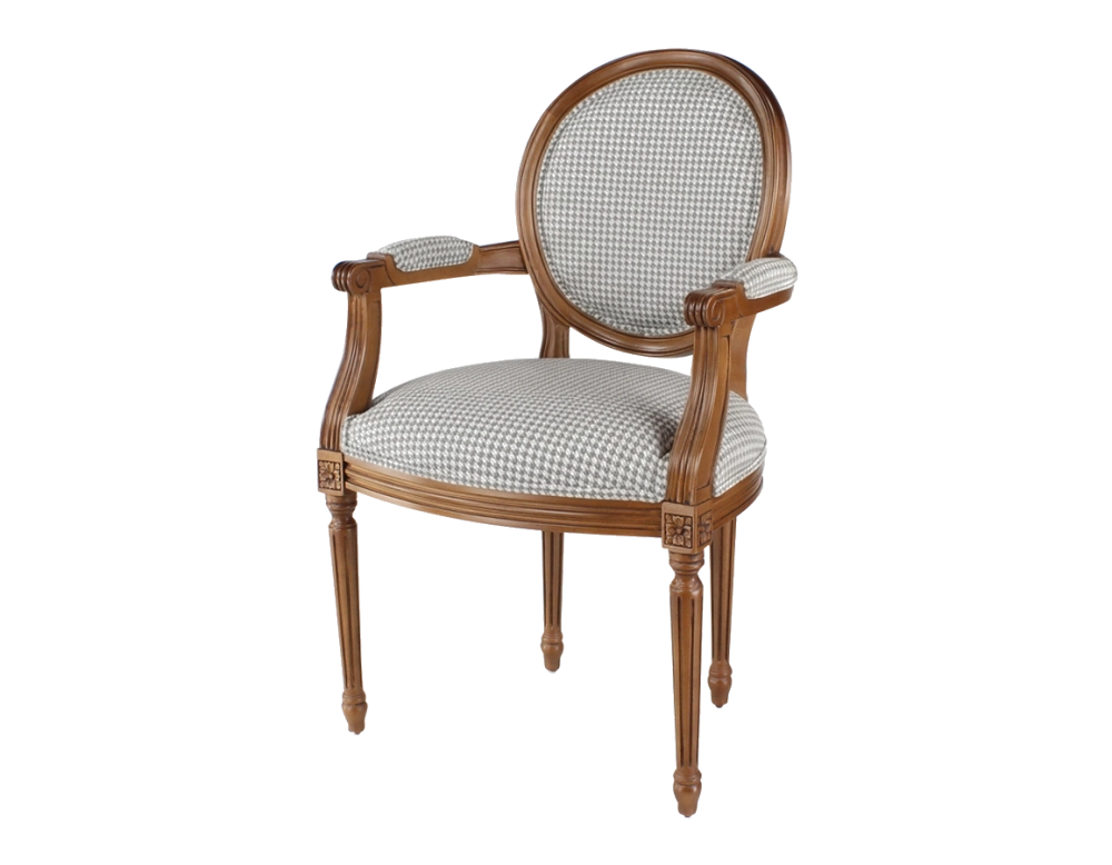Fauteuil ancien style Louis XVI bois teinte ancienne et tissu pied de poule blanc et taupe