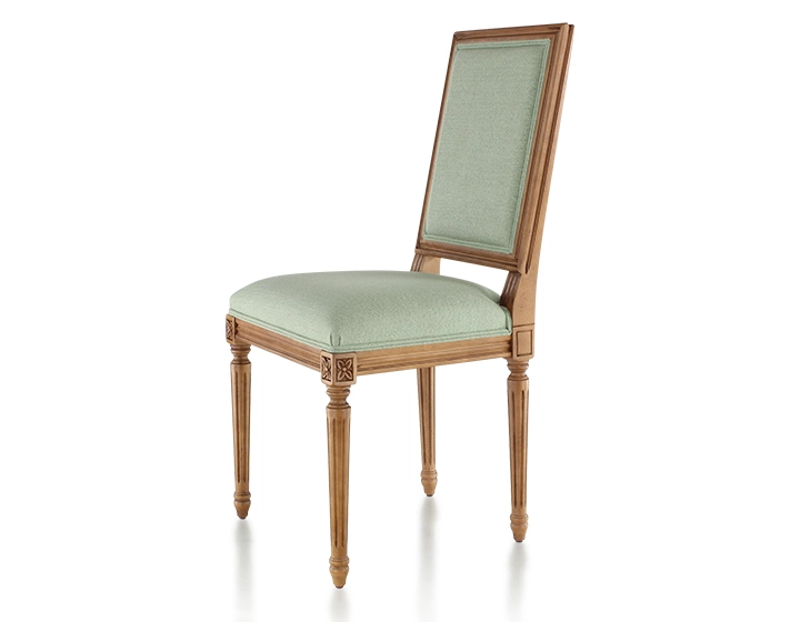 Silla antigua estilo Luis XVI madera con tinte envejecido y tejido verde salvia