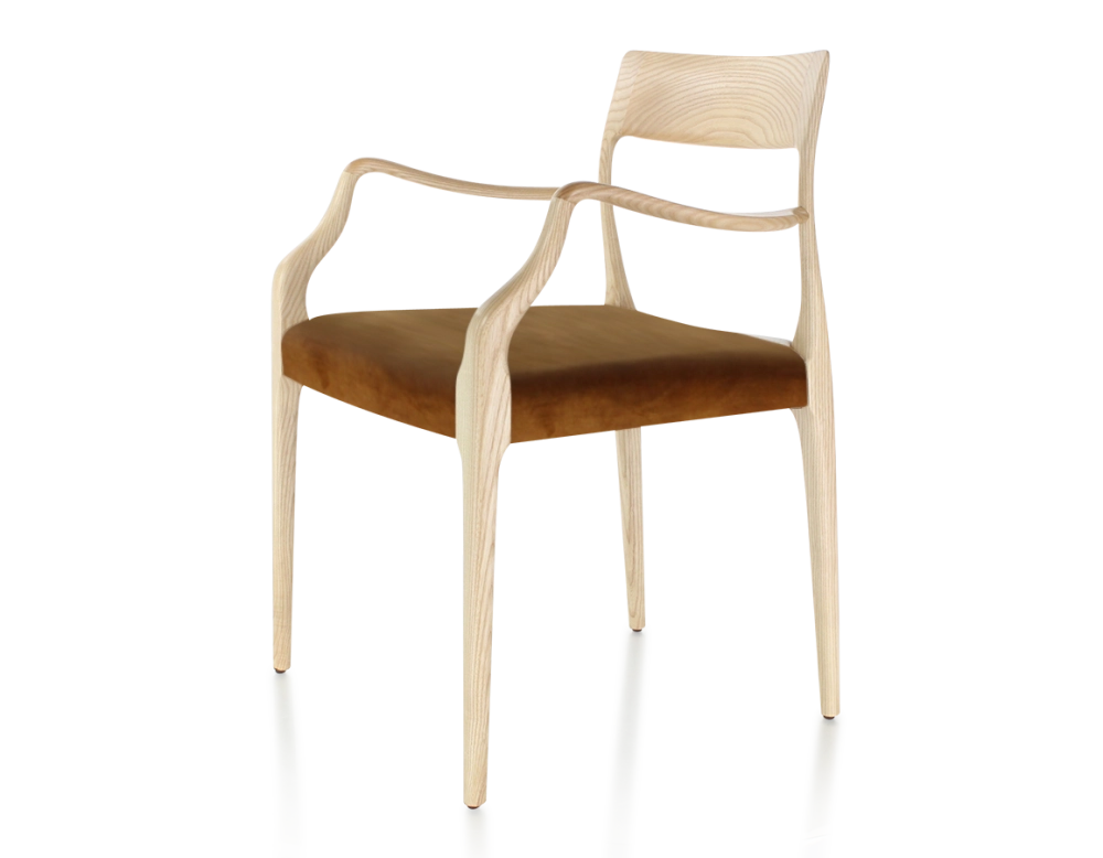 Chaise scandinave avec accoudoirs bois teinte naturelle assise tissu velours bronze