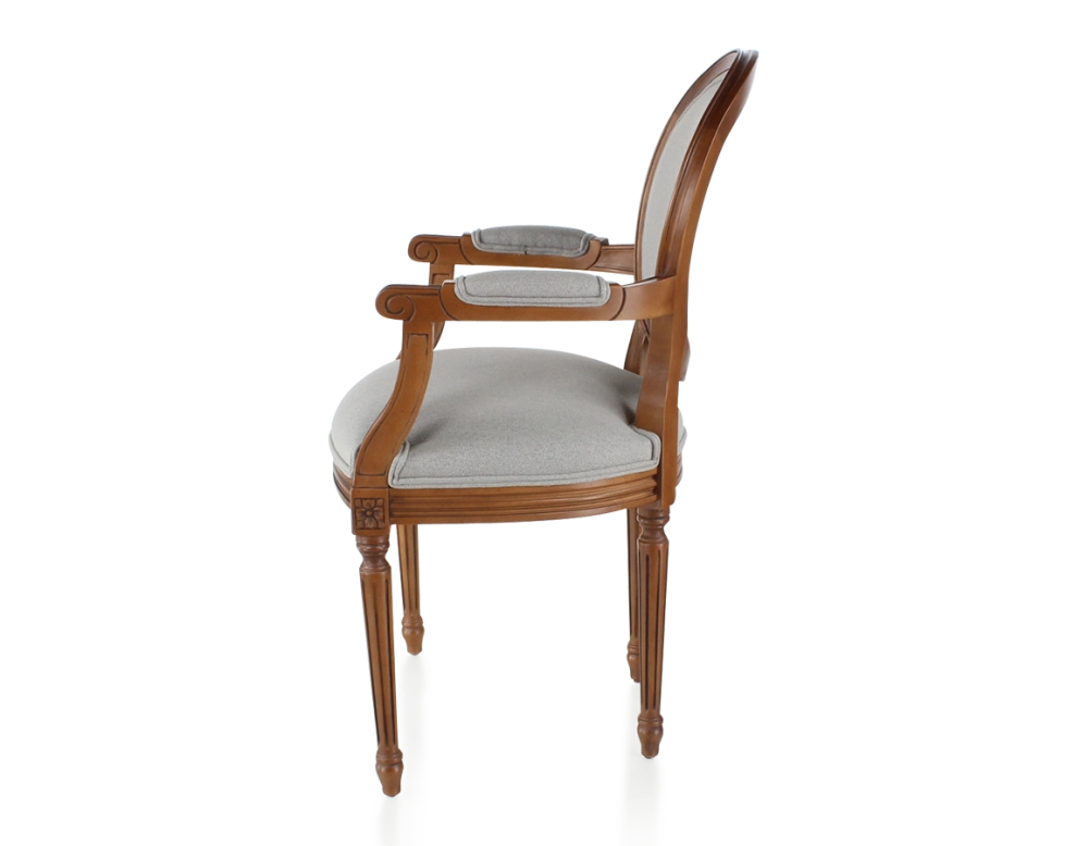Chaise ancienne style Louis XVI avec accoudoirs bois teinte ancienne et tissu gris clair