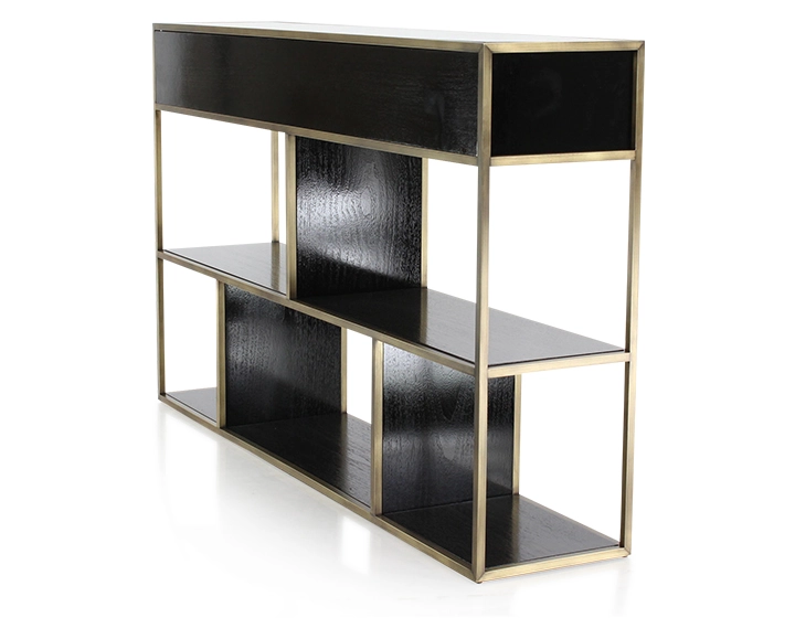 Console design frêne laqué noir et métal patine laiton