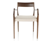 Chaise scandinave avec accoudoirs bois teinte marron foncé assise tissu chevron beige