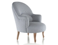 Fauteuil crapaud avec accoudoirs pieds bois teinte noyer et tissu pied-de-poule bleu et blanc