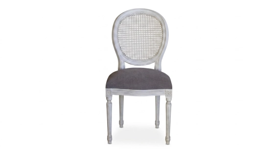 Silla antigua estilo Luis XVI respaldo de rejilla madera tintada cerúlea blanca y tejido topo