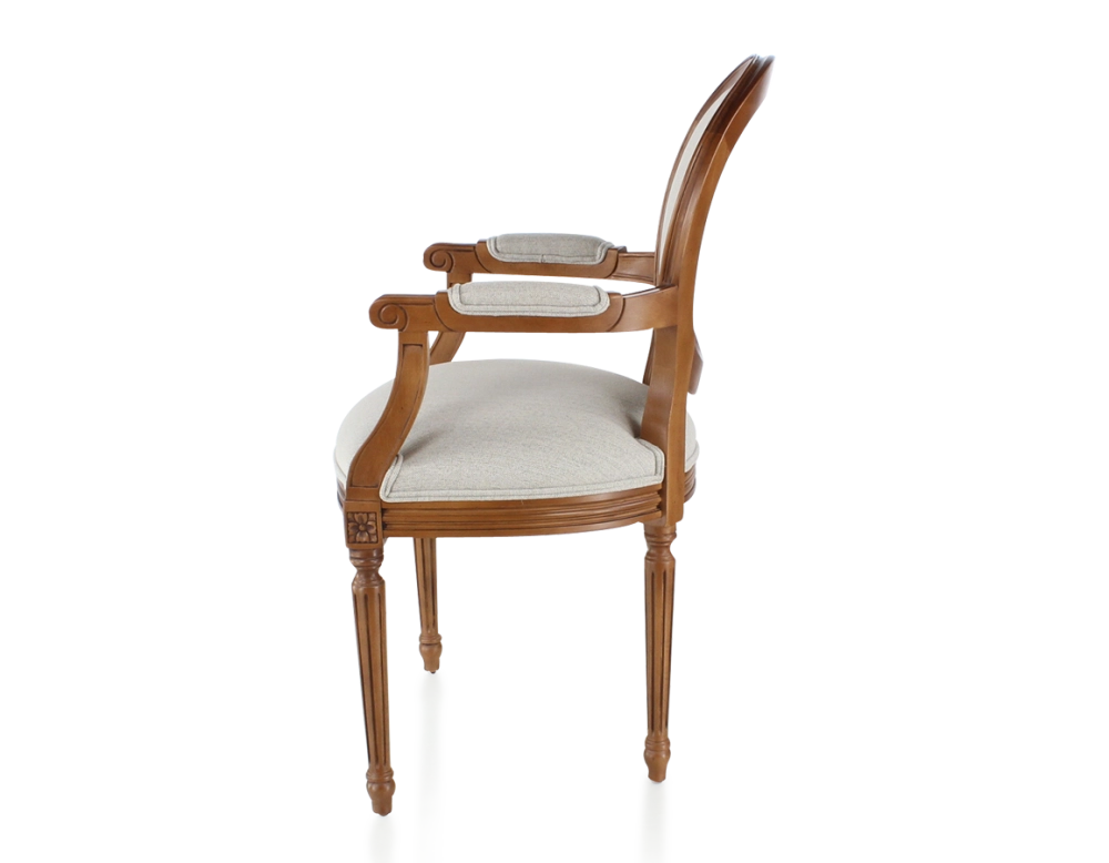 Chaise ancienne style Louis XVI avec accoudoirs bois teinte ancienne et tissu beige naturel