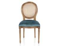 Chaise ancienne style Louis XVI bois teinte ancienne dossier canné assise tissu velours bleu pétrole