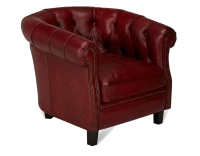 Fauteuil Chesterfield cuir rouge carmin accoudoirs cloutés