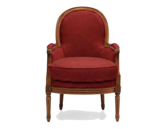 Fauteuil bergère mouluré style Louis XVI bois teinte ancienne et tissu bordeaux