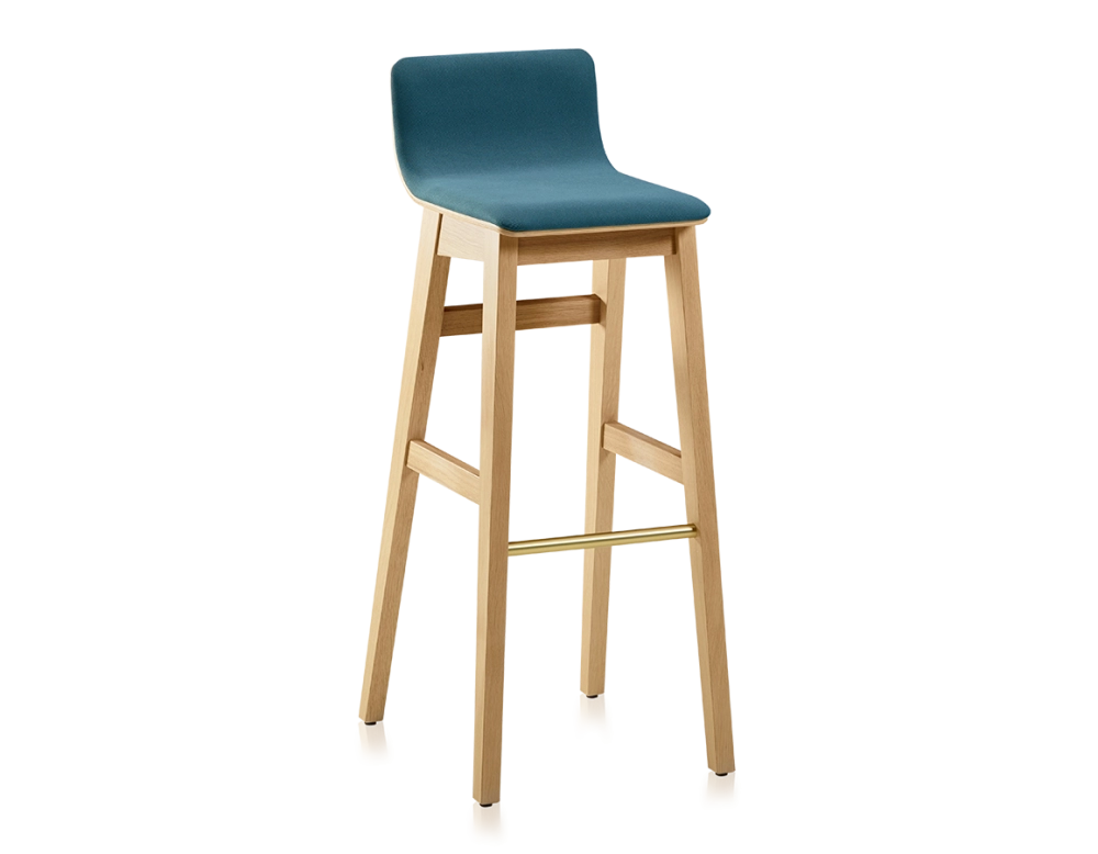 Oak bar stool H80 cm natural stained wood, ocean blue fabric seat