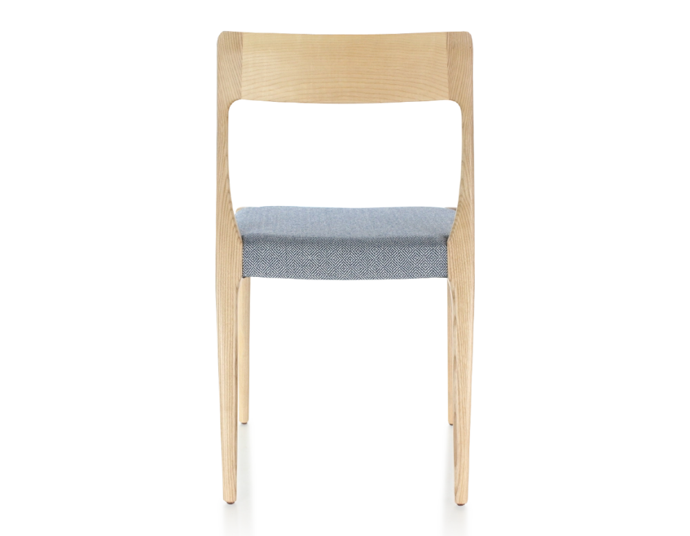 Scandinavian chair natural stained wood, blue chevron fabric seat