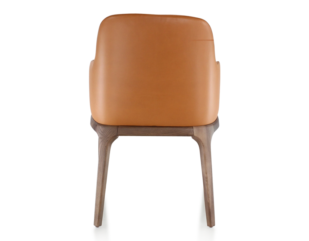 Chaise design avec accoudoirs bois teinte marron foncé et cuir caramel