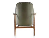 Scandinavian armchair bois teinte merisier et cuir vert kaki