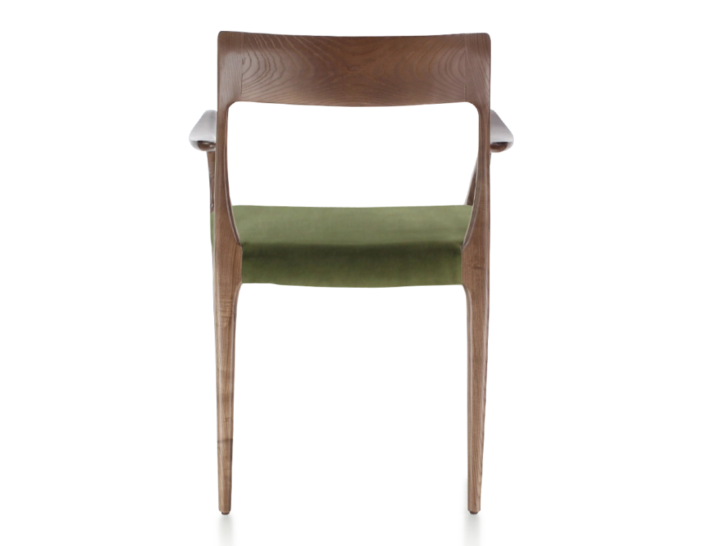 Chaise scandinave avec accoudoirs bois teinte marron foncé assise tissu vert olive