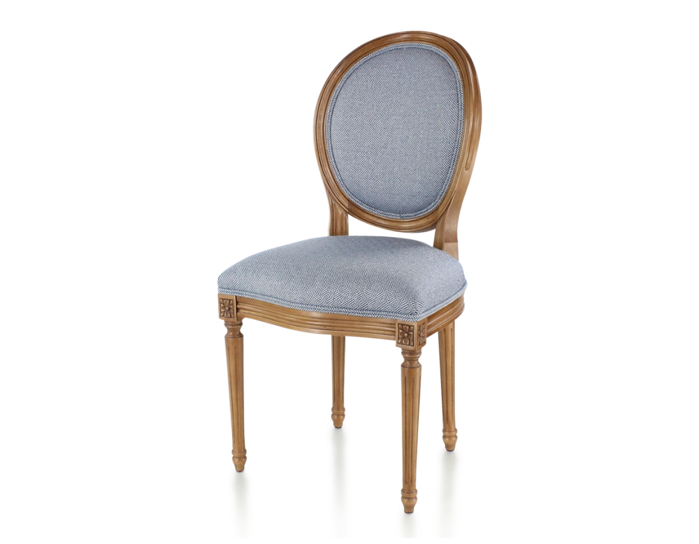 Chaise ancienne style Louis XVI bois teinte ancienne et tissu chevron bleu