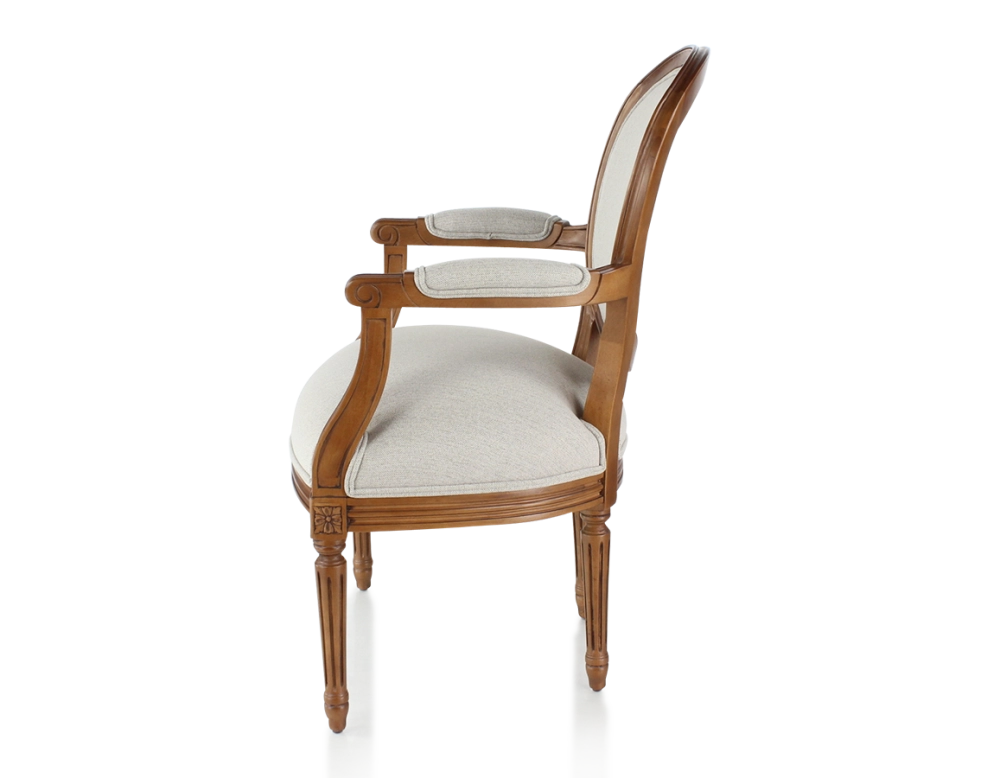 Antique Louis XVI style armchair wood stained antique and natural beige fabric