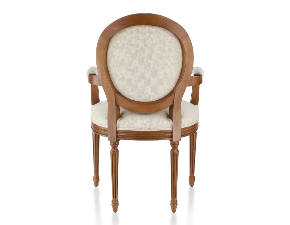 Chaise ancienne style Louis XVI avec accoudoirs bois teinte ancienne et tissu chevron beige