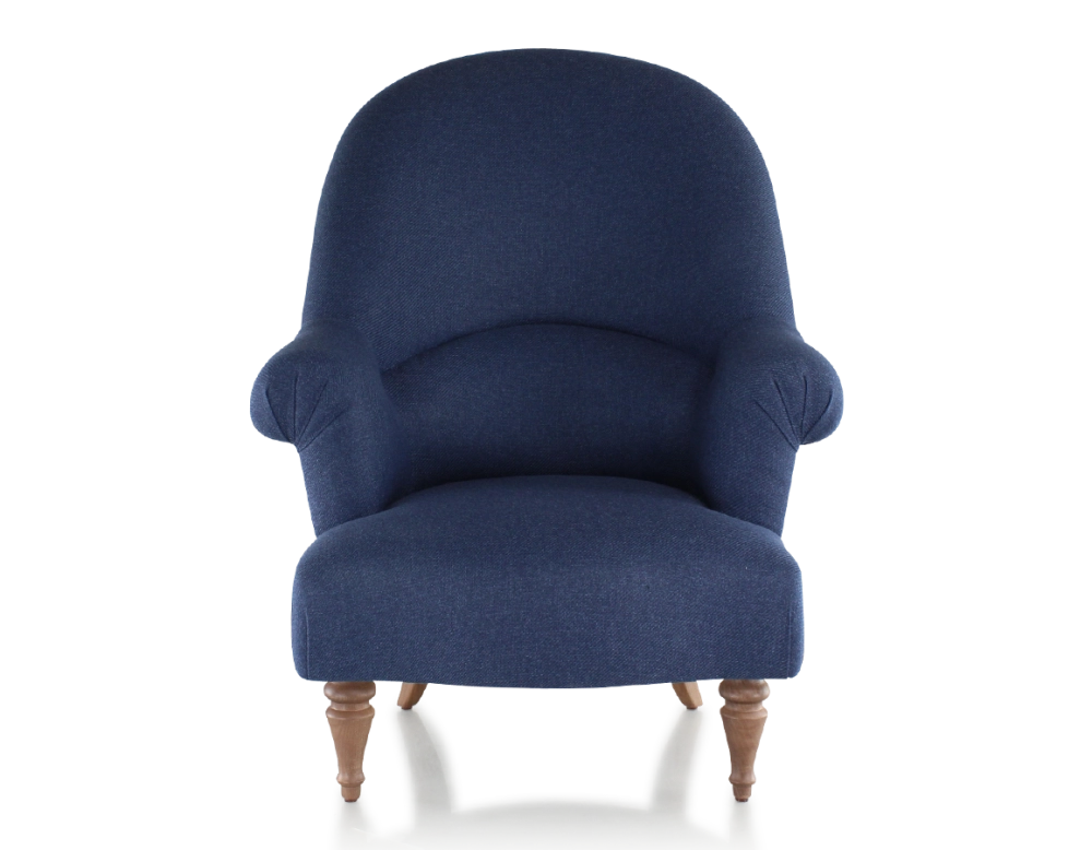 Toad armchair with armrests walnut-stained wooden legs and navy blue high-back fabric