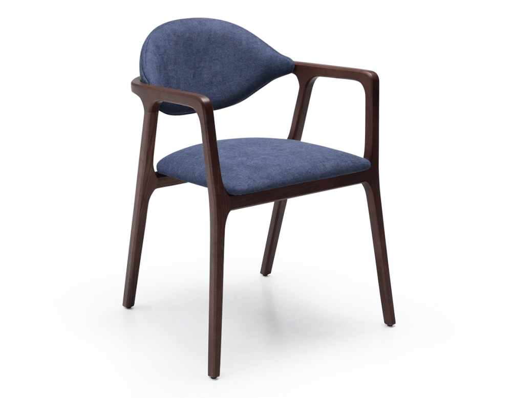 Chaise design avec accoudoirs bois teinte marron foncé et tissu bleu océan