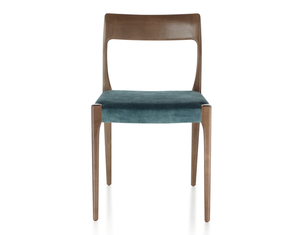 Chaise scandinave bois teinte marron foncé assise tissu velours bleu pétrole